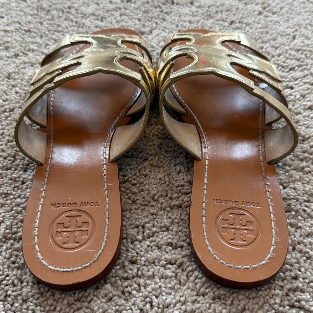 Tory Burch Anchor T Metallic Gold Slide Sandals - Picture 3 of 11